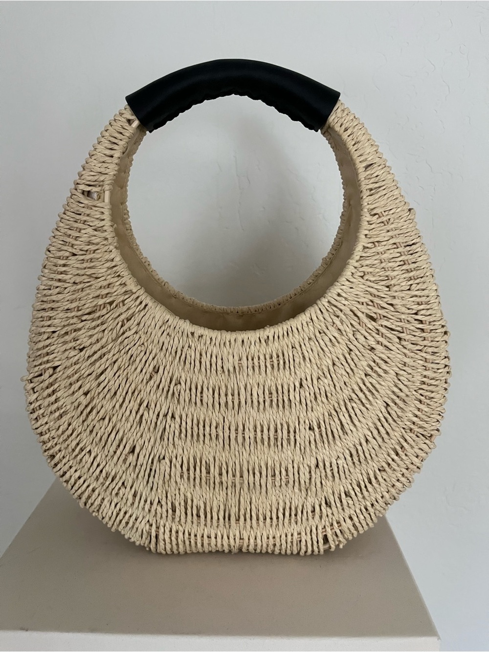 Woven Crescent Tote Bag in Natural with Black Handle